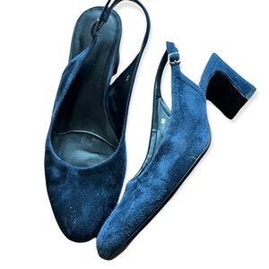 Blue Navy Suede Sling Low Block Heel Pumps 8